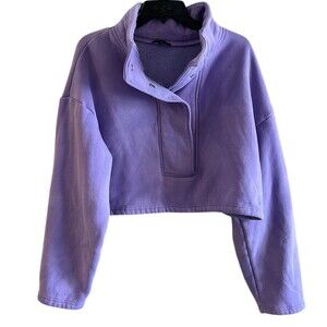 Papermoon Pullover Sweatshirt Womens Size L Purple Cropped Half Zip Mock